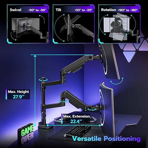 Miniatura 4 de ARES WING Soporte de escritorio con brazo de doble monitor para monitores ultraanchos de 17 a 49 pulgadas, soporte de monitor doble resistente con