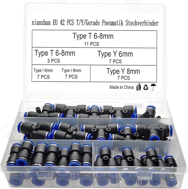 xianzhanEU 42 SZTUK Złącze pneumatyczne T/Y/I Prawa Typ szybkozłączki sprężonego powietrza 6 mm/ 8 mm złączka sprężarki, z pudełkiem