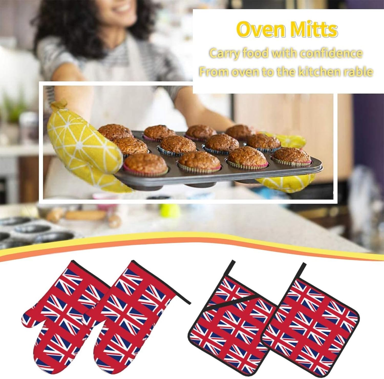 British flag Oven gloves and heat-resistant mat 4-piece set. Suitable for grilling, microwave oven frying, and baking