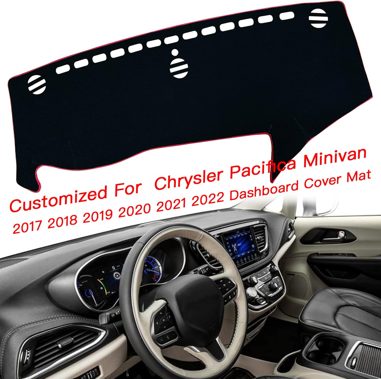 Dash Mat Cover Custom Interior Center Console Compatible with Chrysler Pacifica Minivan 2017 2018 2019 2020 2021 2022 Dashboard mat Covers Accessories (Red Trim)