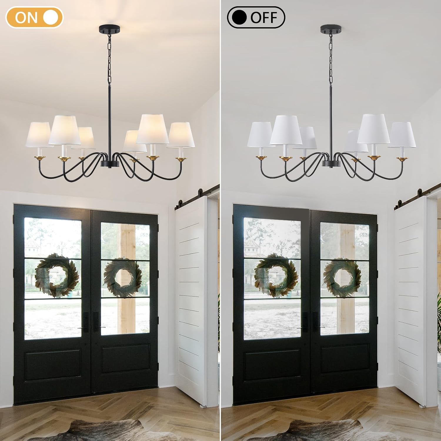 Chandelier with Shades, Black Farmhouse Chandelier for Dining Room - 6 Lights 35.8" Modern Light Fixture, Adjustable Pendant Lighting for Living Hallway Bedroom Foyer with White Fabric Shade