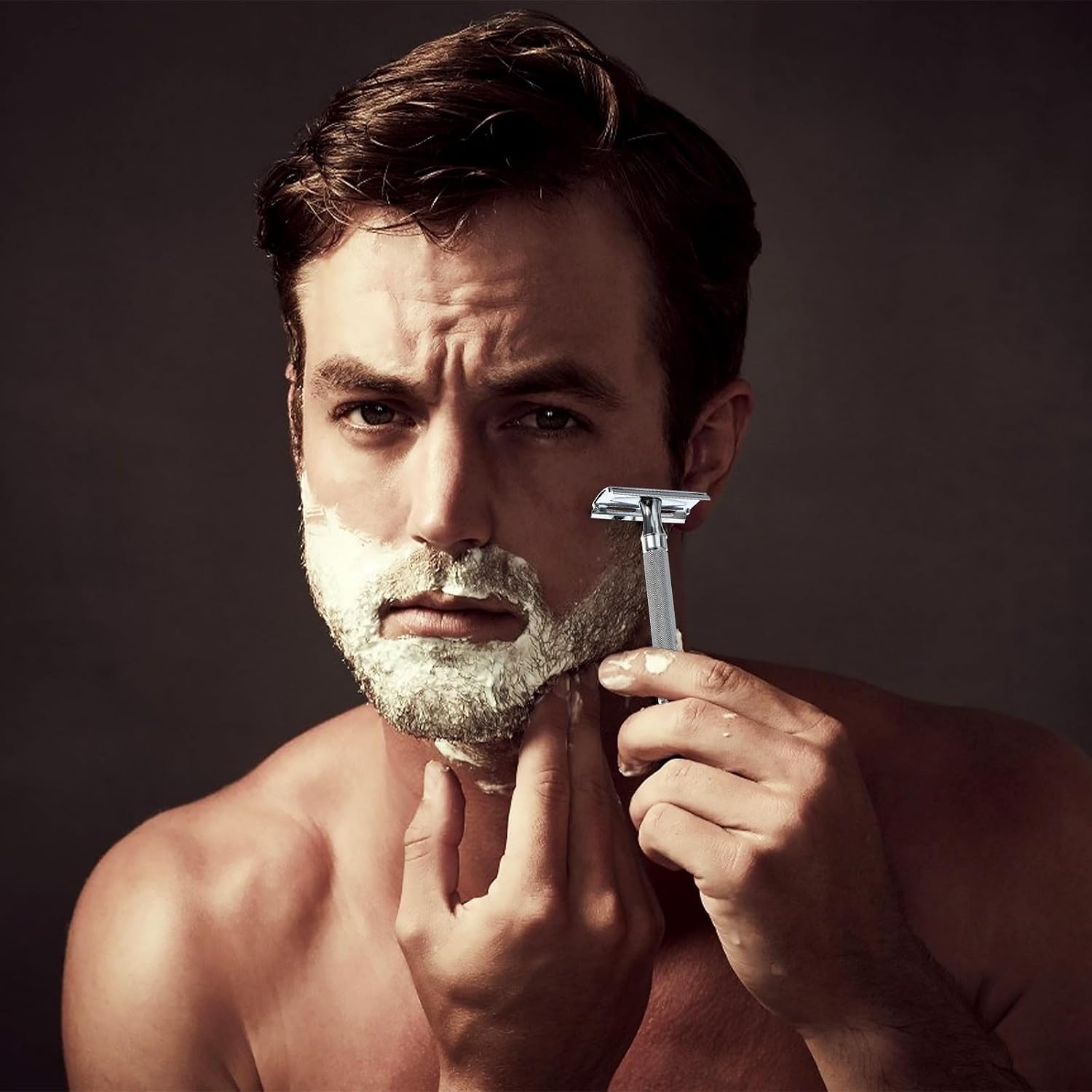 Manual Safety Razor with Brush Metal Shaving Razor White Reusable Facial Shaving Tool Beard Trimmer for Men Grooming at Home and Travel
