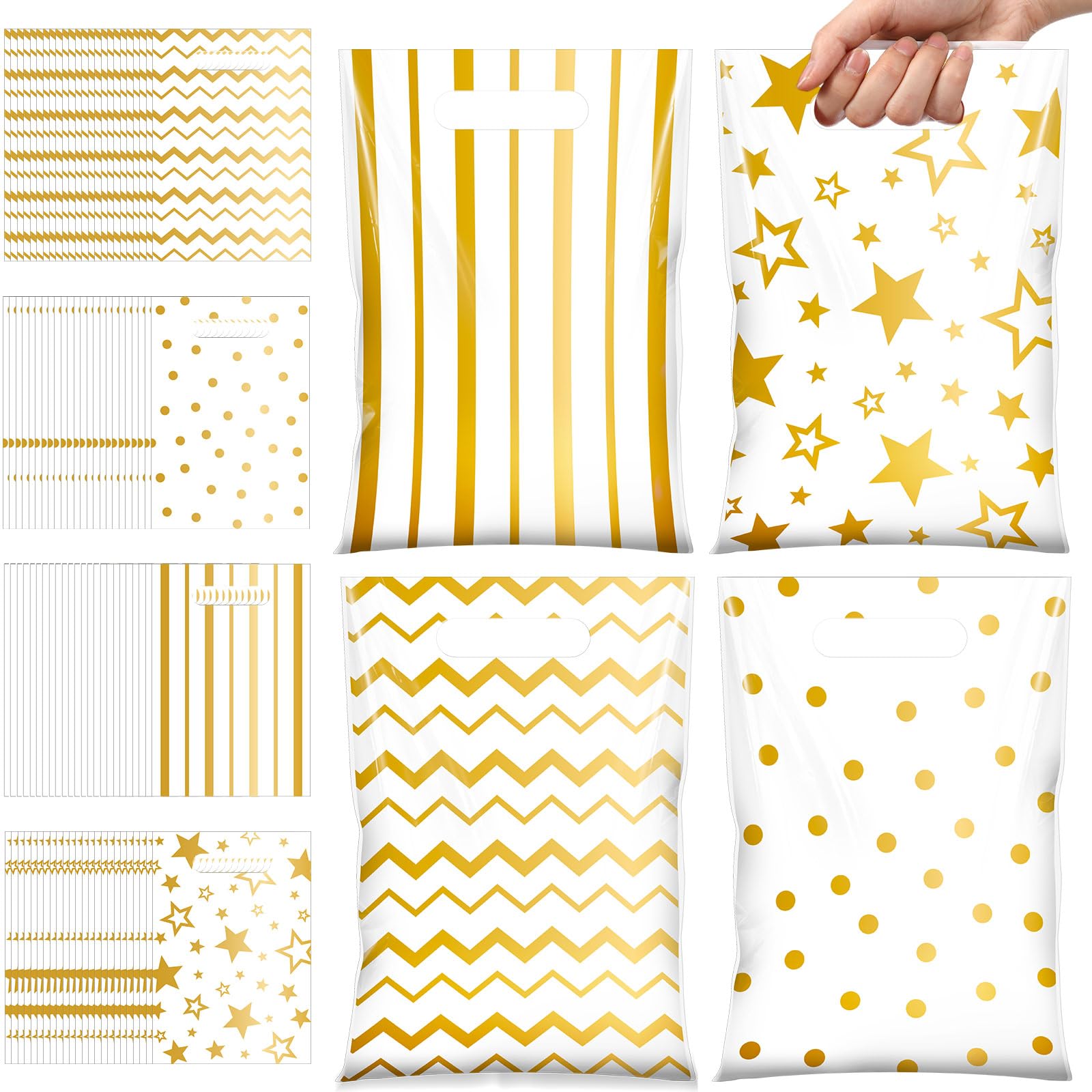 Blosssound 100 Stück kleine Geschenktüten mit Griff, Großpackung 17,9 x 24,8 cm, Kunststoff-Leckerli-Tüten für Geburtstag, Hochzeit, Abschlussfeier, Ruhestand, Karneval, Party, Gastgeschenke