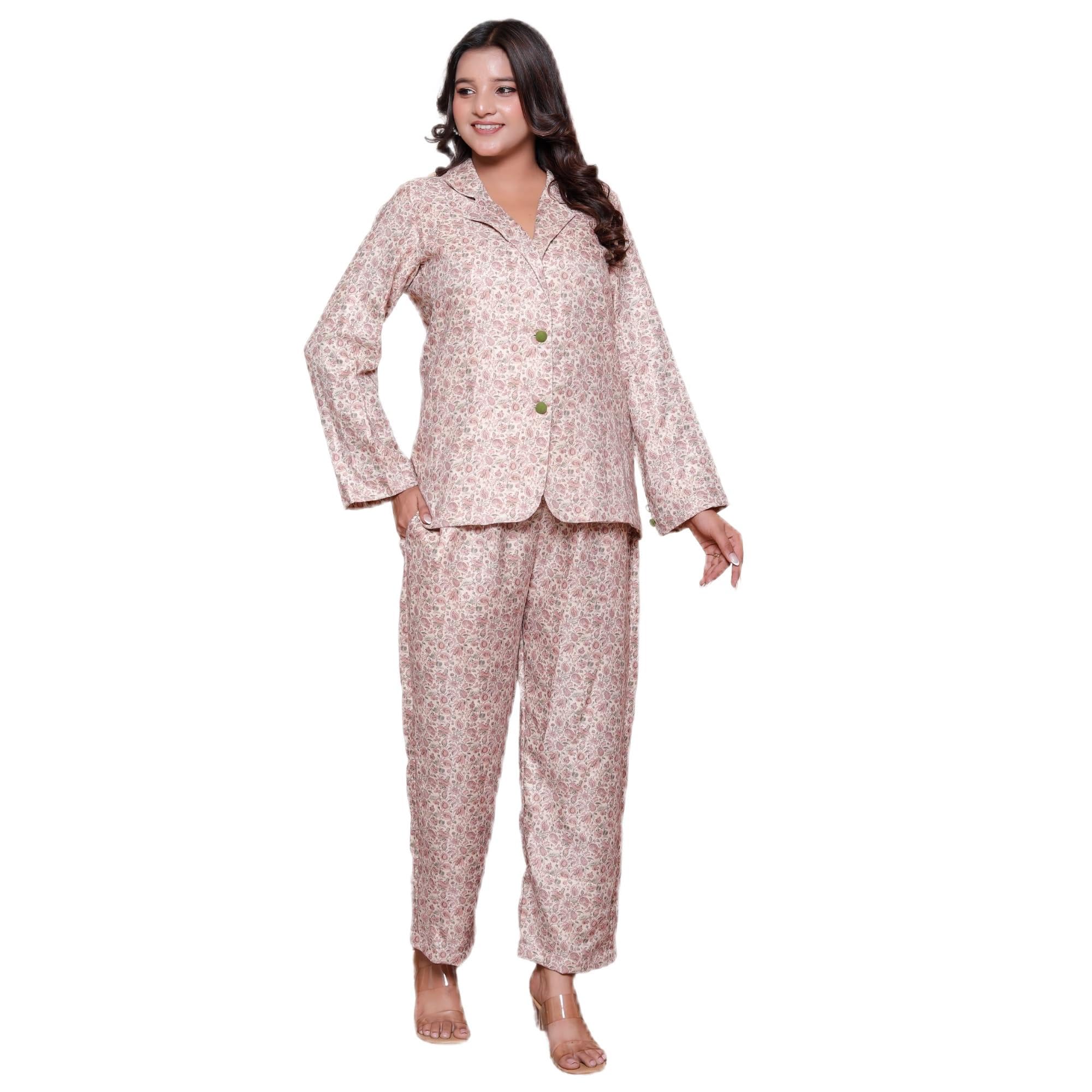 Women's Floral Print Co-ord Set, Blazer with Pants, Woolent Fabric, Beige and Brown Paisley Pattern, Formal Wear-image-29