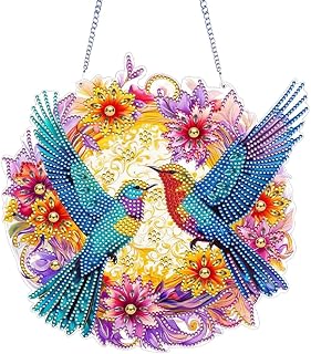 Acrylic Special Shape Hummingbird Flower Painting Hanging Pendant Rhinestone Art Pendants DIY Art Pendant Kit for Garden Window Decor