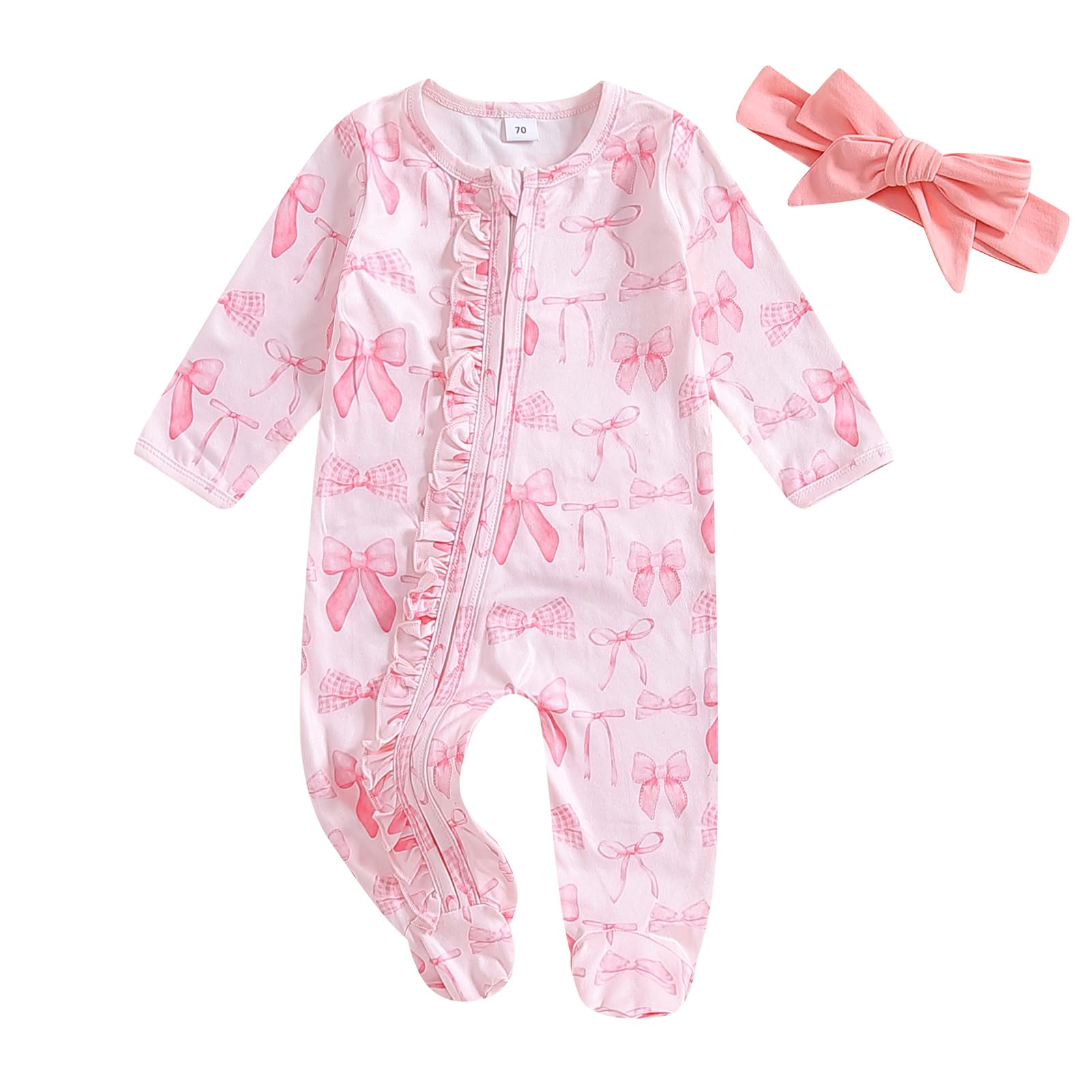 Newborn Baby Girl Bowknot Footies Romper Long Sleeve Sleeper with Headband Zip Up Footed Overalls Coming Home Outfits (Pink, 3-6 Months)