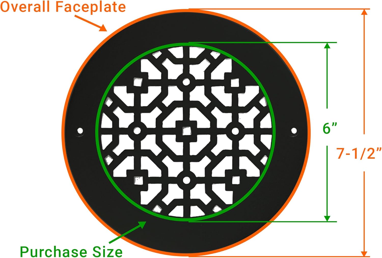 Achtek 6" Duct (7-1/2" Round Overall Size) Solid Cast Aluminum Round Grill | Powder Coated | for Wall-Black with Screw Holes