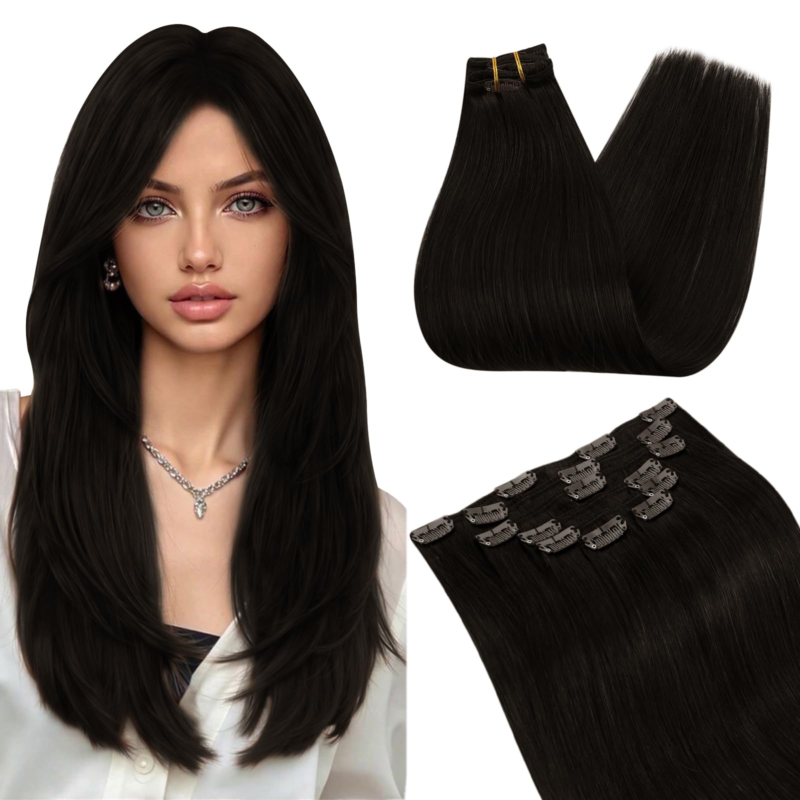 Ugeat Przedłużanie Włosów Clip in, Włosy Ludzkie, Ciemny Brąz, 45 cm 7 sztuk 120g, Włosy Clip in Extensions Brąz, Remy Naturalne Proste