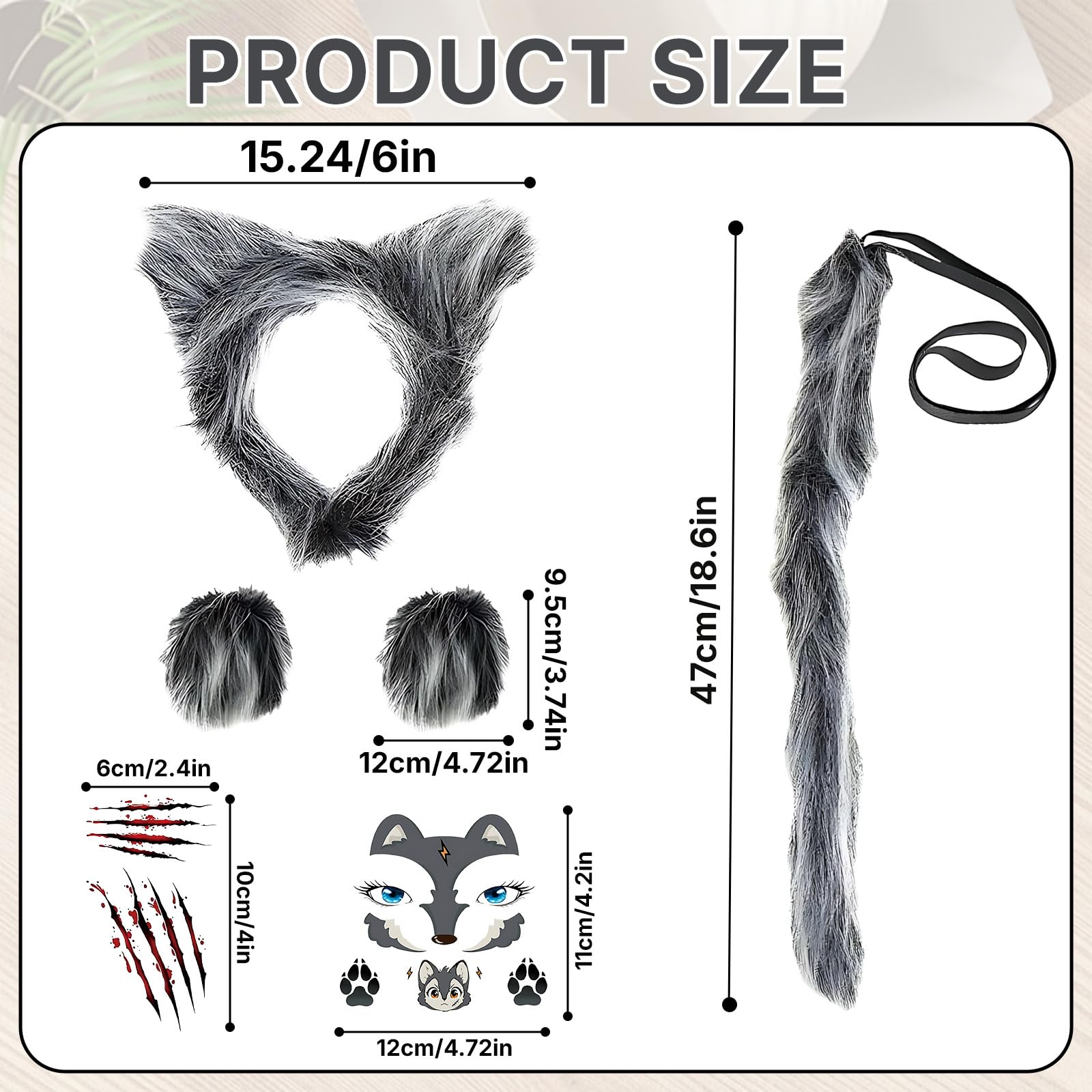 6 Pcs Grey Wolf Costume Accessories Set for Kids Adults Furry Wolf Ears Headband, Elastic Wrist Cuffs - Image 2