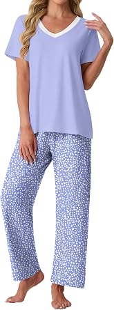 PrinStory Pajamas for Women Set Soft Pjs 2 Piece Pajama Sets Casual Pj Short Sleeve Lounge set with Pockets