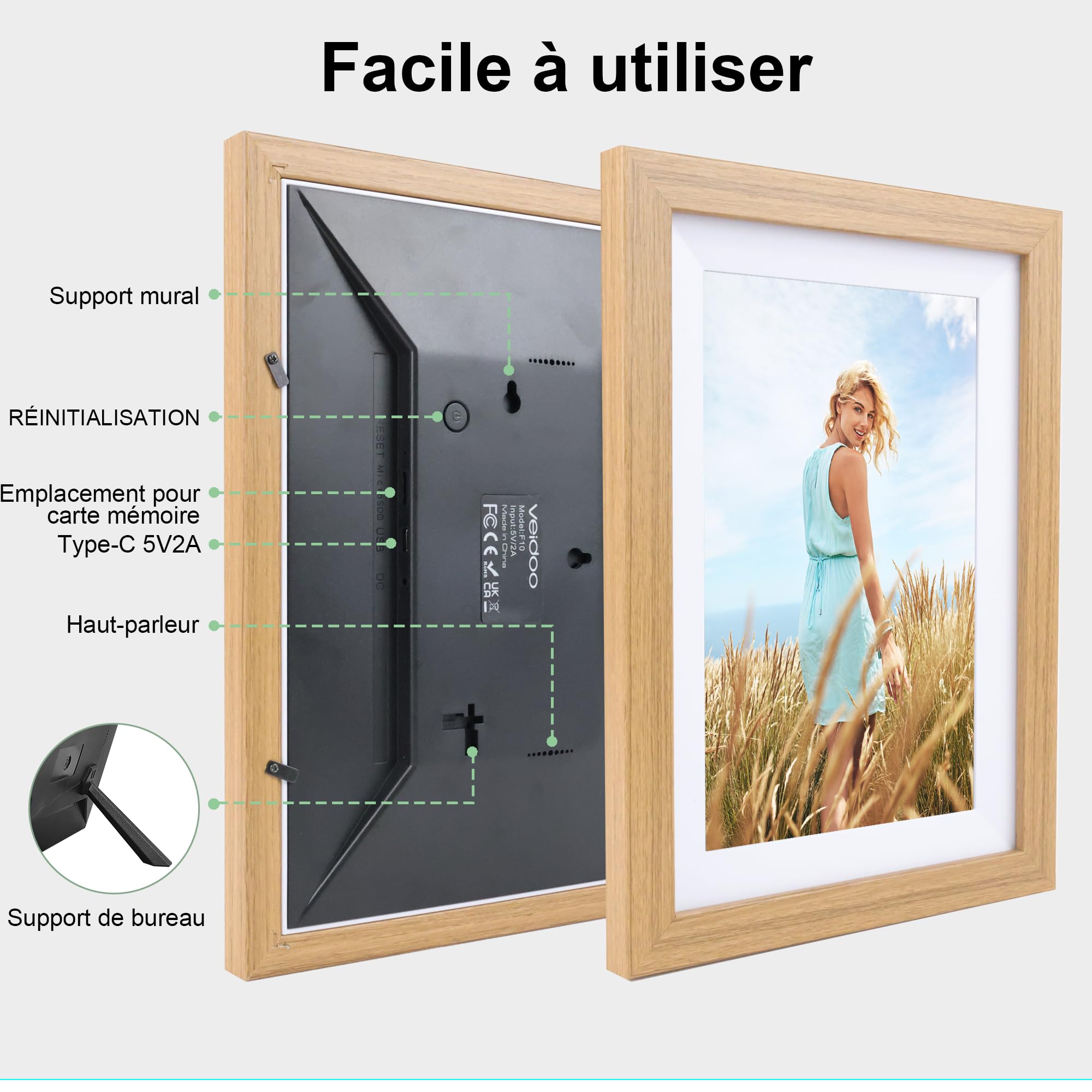 Veidoo Frameo 10 1 Pouces 32GB WiFi Cadre Photo Numérique 1280x800 HD IPS Tactile Rotation Auto Musique Horloge Partagez Photos Vidéos Via App Synchronisez Calendrier Famille(Burlywood)