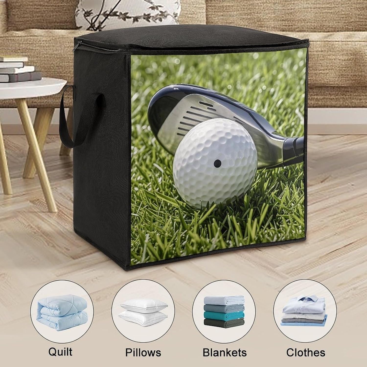 Large Golf Ball Storage Bags with Handle Foldable Closet Organizers Clothes Storage Bins Bedding Storage Containers Fabric Moving Bags Blanket Comforter Storage Bag 70L