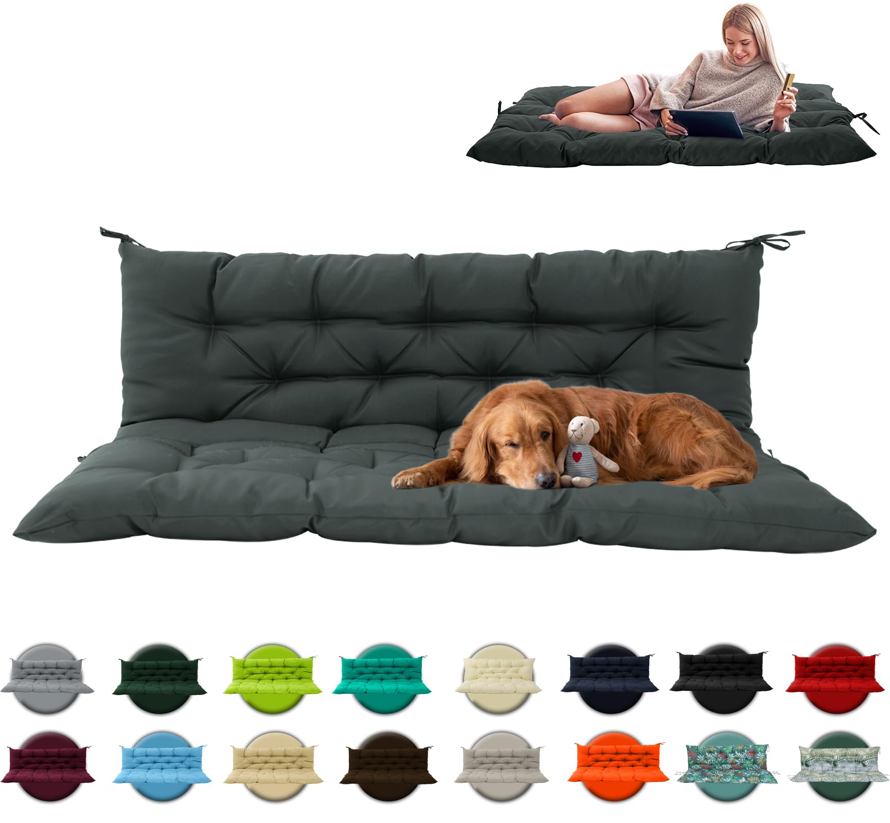 Zacammy Outside Porch Cushion with Backrest, Thicken Waterproof Patio Swing Cushion 2/3 Seater Replacement, Bench Swing Cushions Outdoor Furniture (