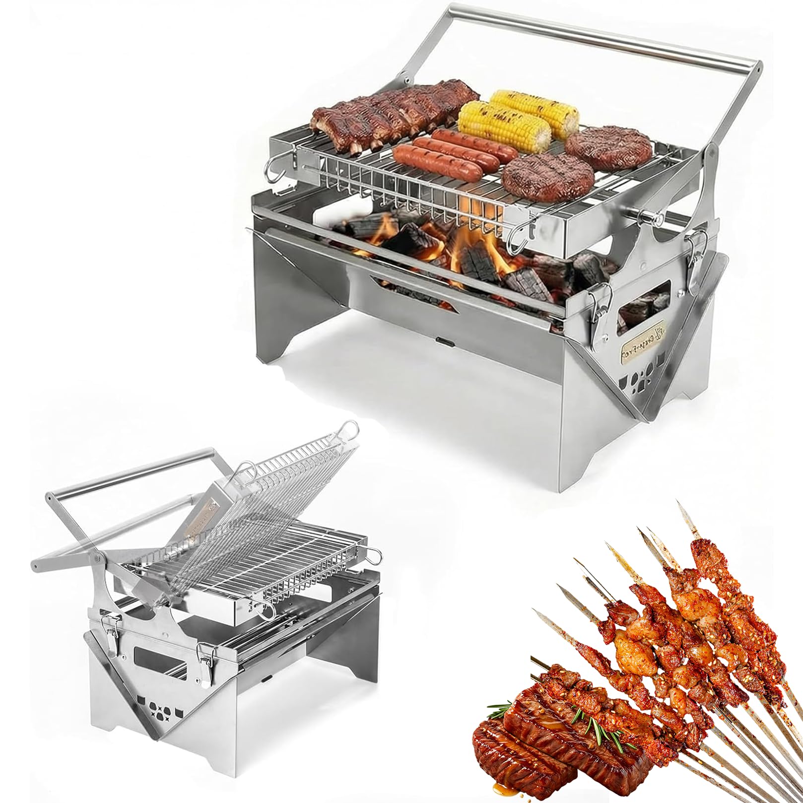 Griglia a carbone rotante a 360° con cestello ribaltabile, griglia portatile in acciaio inox per picnic, campeggio, giardino, viaggi, escursioni e attività all'aperto