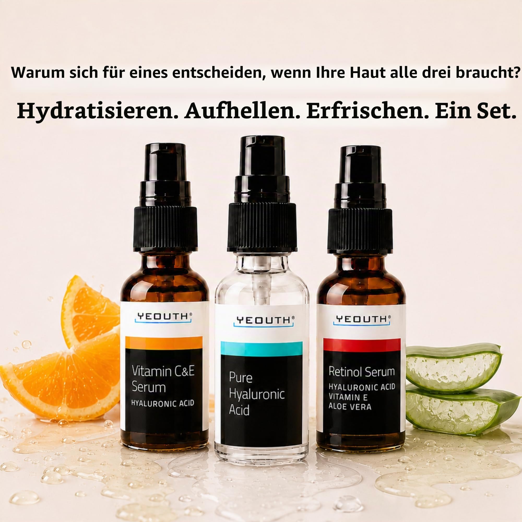 YEOUTH Vitamin C, Retinol & Hyaluron Serum - 3x30ml Gesichtsserum Set - Frauen & Männer Set - Hyaluronic Acid Retinol & Vitamin C für Gesicht