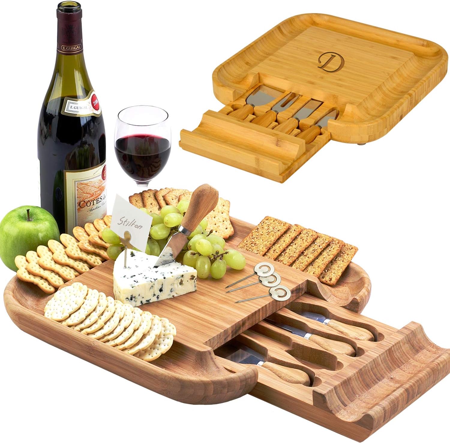 Picnic at Ascot Personalized Monogrammed Engraved Bamboo Cutting Board for Cheese & Charcuterie with Knife Set & Cheese Markers- Designed & Quality Checked in USA