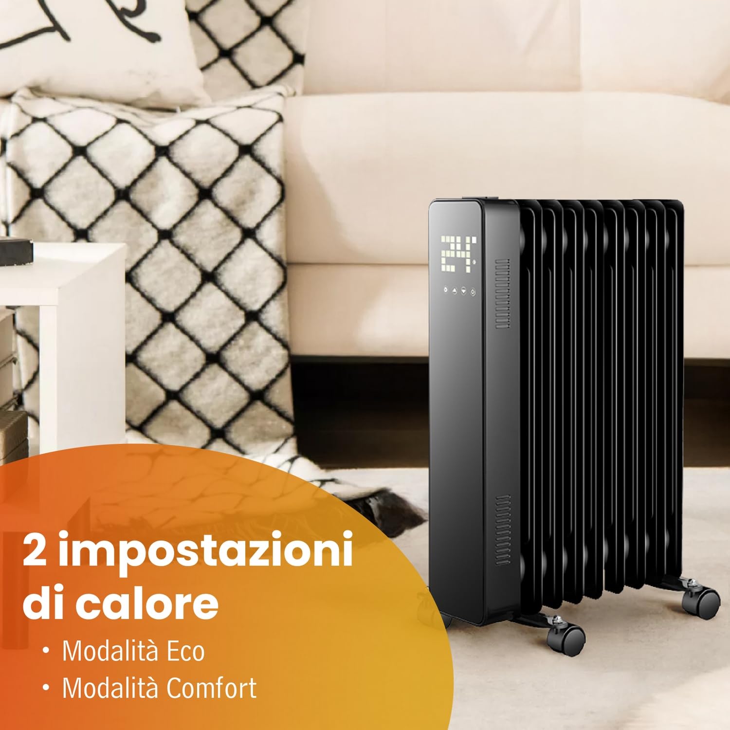 White - Radiatore Elettrico Ad Olio 9 Elementi. Stufa Elettrica A 220v. Telecomando Incluso, Funzione Touch. Display Led Luminoso. Calorifero Elettrico Con Ruote