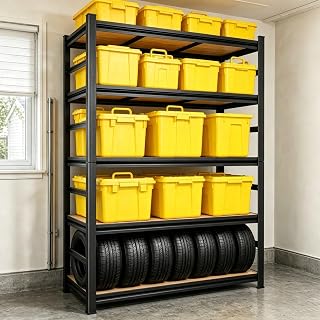 Garage Shelving, 5‑Tier Heavy‑Duty Bolt‑Free Adjustable Metal Storage Shelves, Side Guardrail & Double‑Layer Posts, 72" H x 36" W x 16" D Steel Unit for Basement & Warehouse, Black