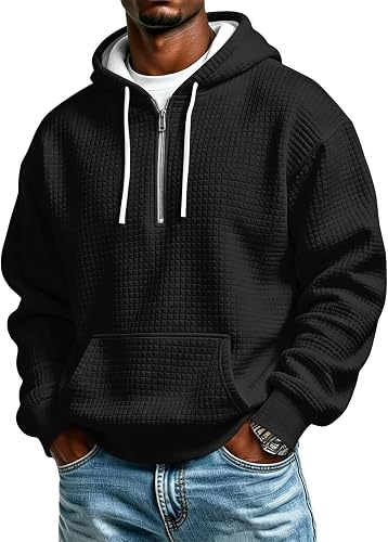Mens Waffle Knit Long Sleeve Hoodie Quarter Zip Pullover Sweatshirt