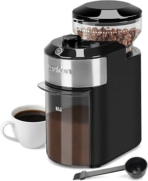 Molinillo de Café - Lonkion Molinillo Eléctrico de Rebaba con 28 Ajustes de Molienda - Molinillo de Granos Anti-Estático para Espresso, Goteo, Prensa Francesa - Ajustable 2-12 Tazas - Acero Inoxidable - Negro Brillante