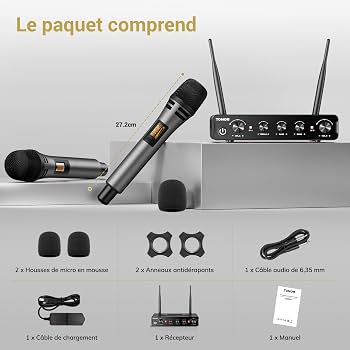 TONOR Micro sans Fil, Microphone sans Fil Rechargeable Professionnel, Micro Dynamique sans Fil en Métal 2x100 UHF pour Karaoké/église/Chant/Mariage/DJ, Volume Réglable, 262ft Range, TW520