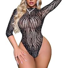 Women Fishnet Bodysuit Sparkle Rhinestone Mesh Teddy Rave Lingerie Outfit, One Size