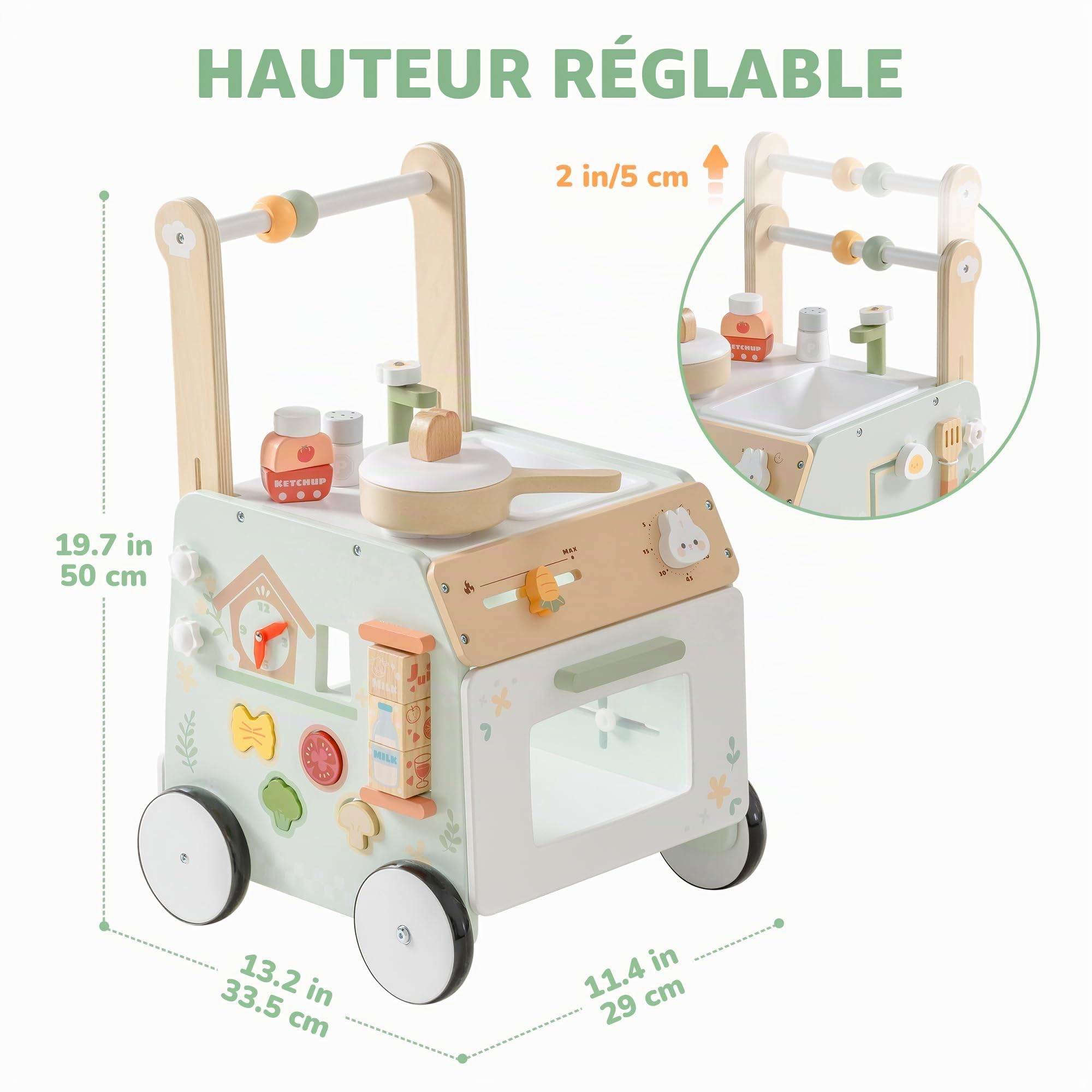 ROBUD Trotteur en bois pour bébé, jouet ajustable avec jeu sensoriel et panier de rangement, contrôle de la hauteur et de la vitesse, jambes en arc, centre d'activité pour les tout-petits 10M-36M