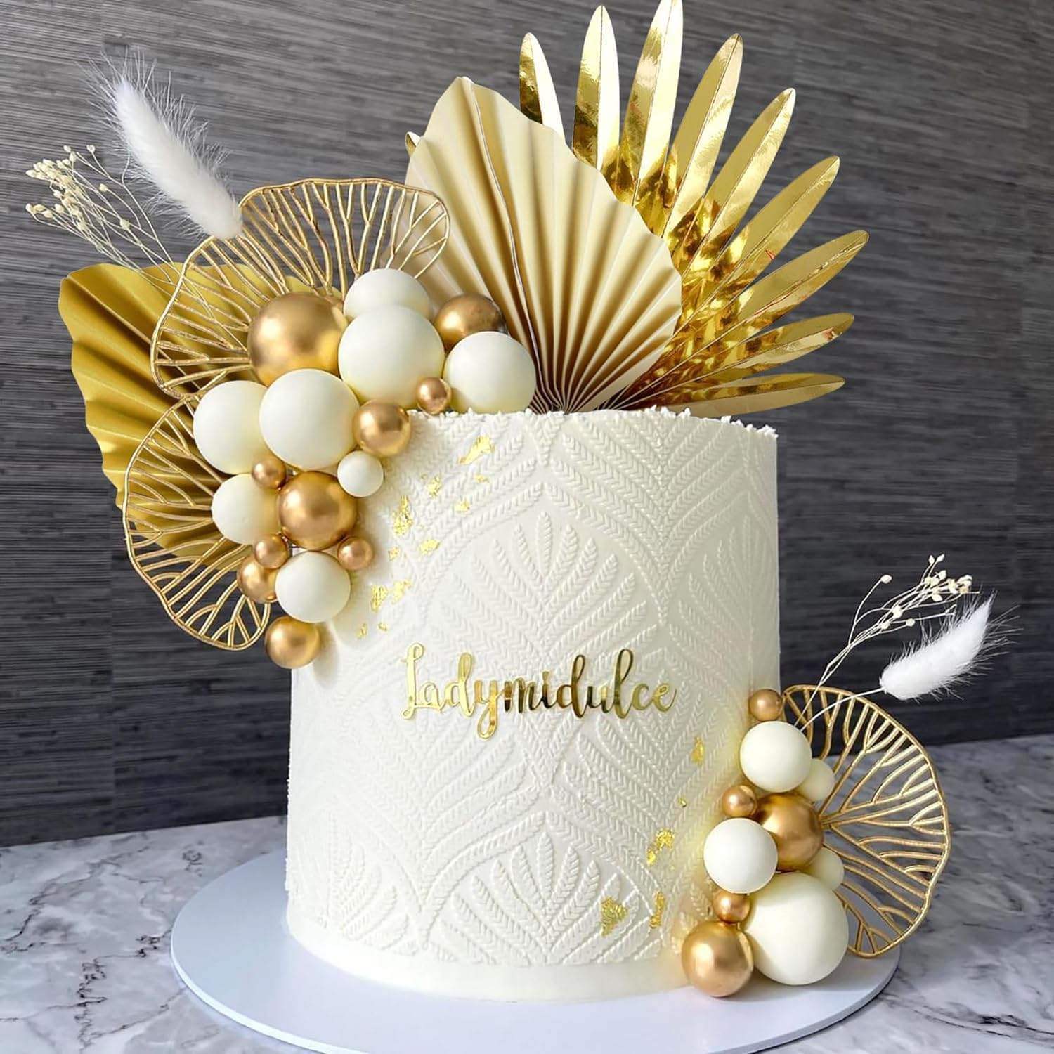 LaVenty Boho Cake Topper White Gold Palm Leaves Cake Decoration image 4