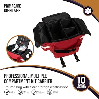 Primacare KB-RO74-R First Responder Trauma Bag, 17 x 9 x 7, Red EMT/EMS Medical Supply Organizer with Padded Dividers, Multiple Compartments, Side Pockets, Reflective Strip, Durable Design