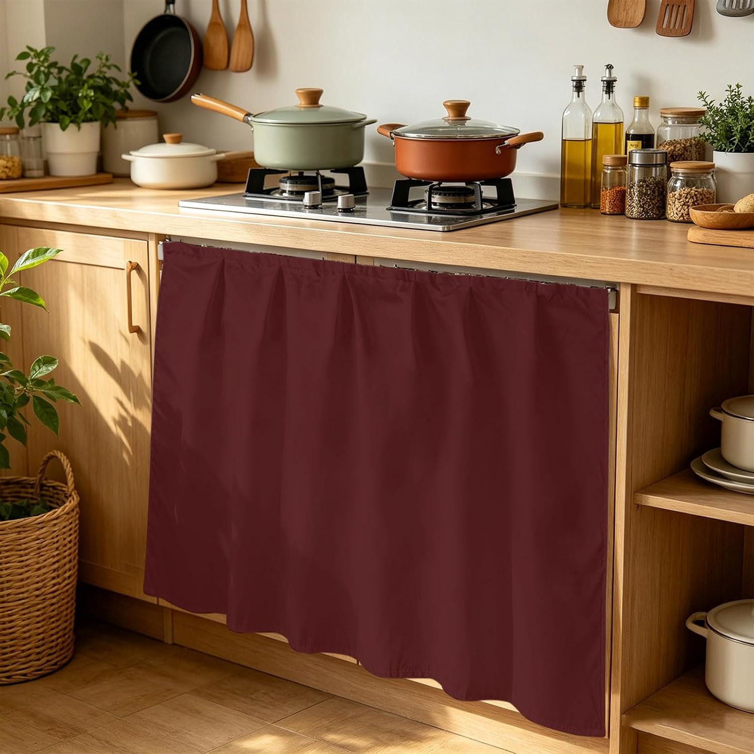 Cabinet Curtain Burgundy Red Kitchen Shelf Curtain Desk Under Sink Curtain Skirt Privacy Drape Cover Modern Solid Color Cabinet Curtains for Kitchen Shelves Laundry Room Bathroom 35x35 Inch