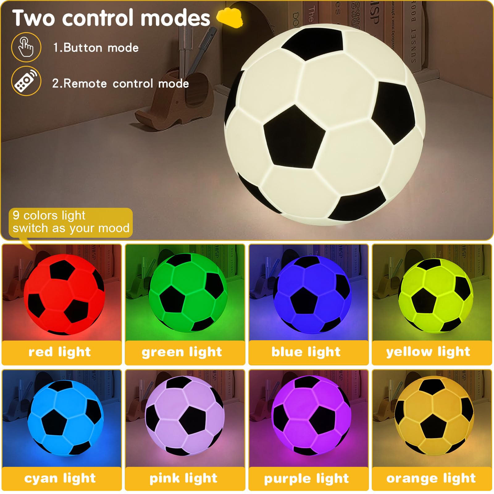 Luce notturna in silicone a forma di calcio, piccola lampada ricaricabile dimmerabile con tocco morbido, morbida lampada da comodino, graziosa decorazione per la stanza dei bambini