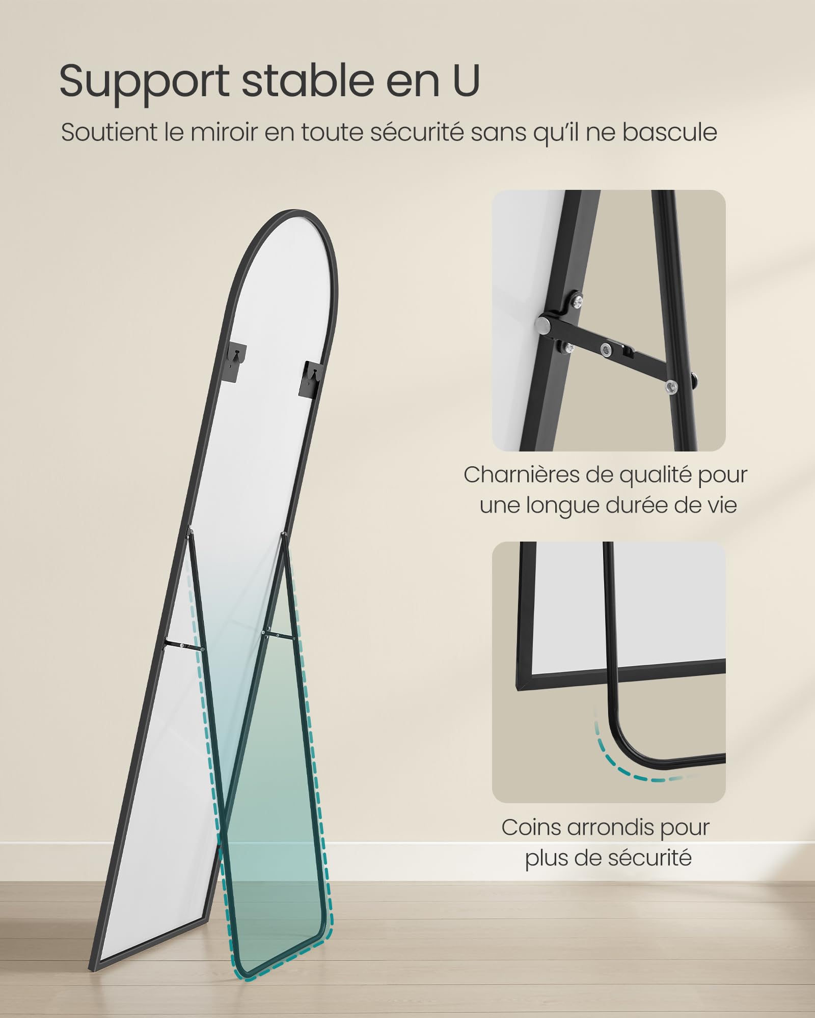 SONGMICS Miroir Intégral, 160 x 50 cm, Miroir Arqué sur Pied, à Poser au Sol, Cadre en Alliage d’Aluminium, Verre Trempé, pour Chambre, Salon, Dressing, Noir d'encre LFM031B01