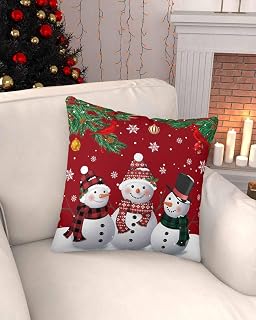 Christmas Snowman Throw Pillow Cover 24 x 24 Inch Decorative Pillow Cover Red Xmas Pine Branch Snowflake Red Birds Lumbar Pillowcase Seasonal Square Cushion Case for Couch Sofa Bed Living Room
