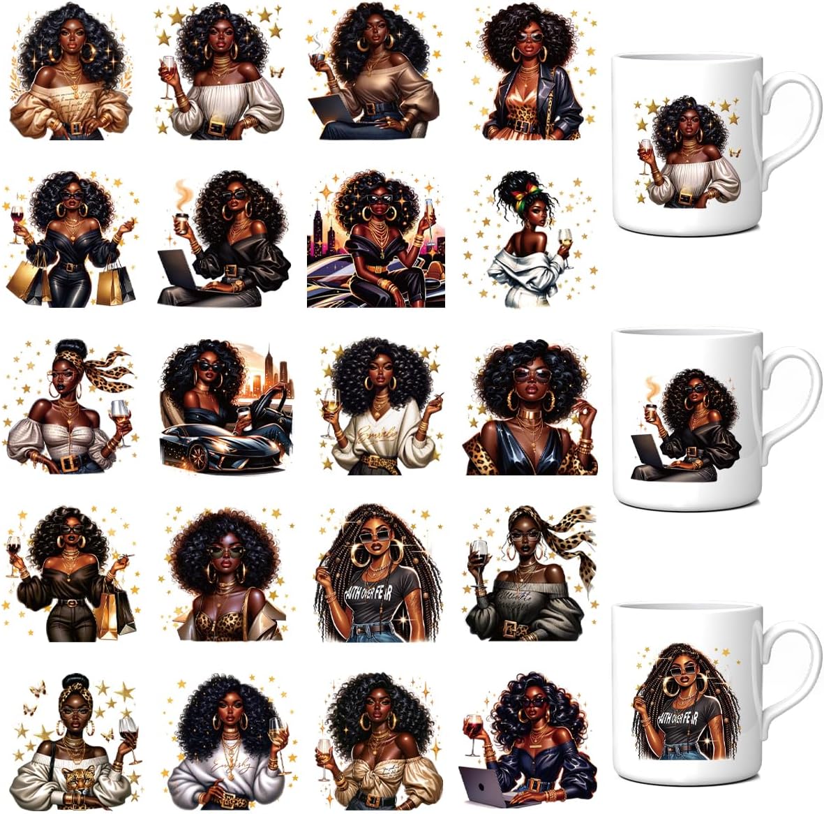 UV DTF Cup Wrap Transfer - 20 Pcs Black Women UV DTF Cup Wrap for 16 oz Glass, Water Bottles Coffee Mugs Glass Cups Transfers, City Fashionable Black Girls Uvdtf Decals Crafts Stickers