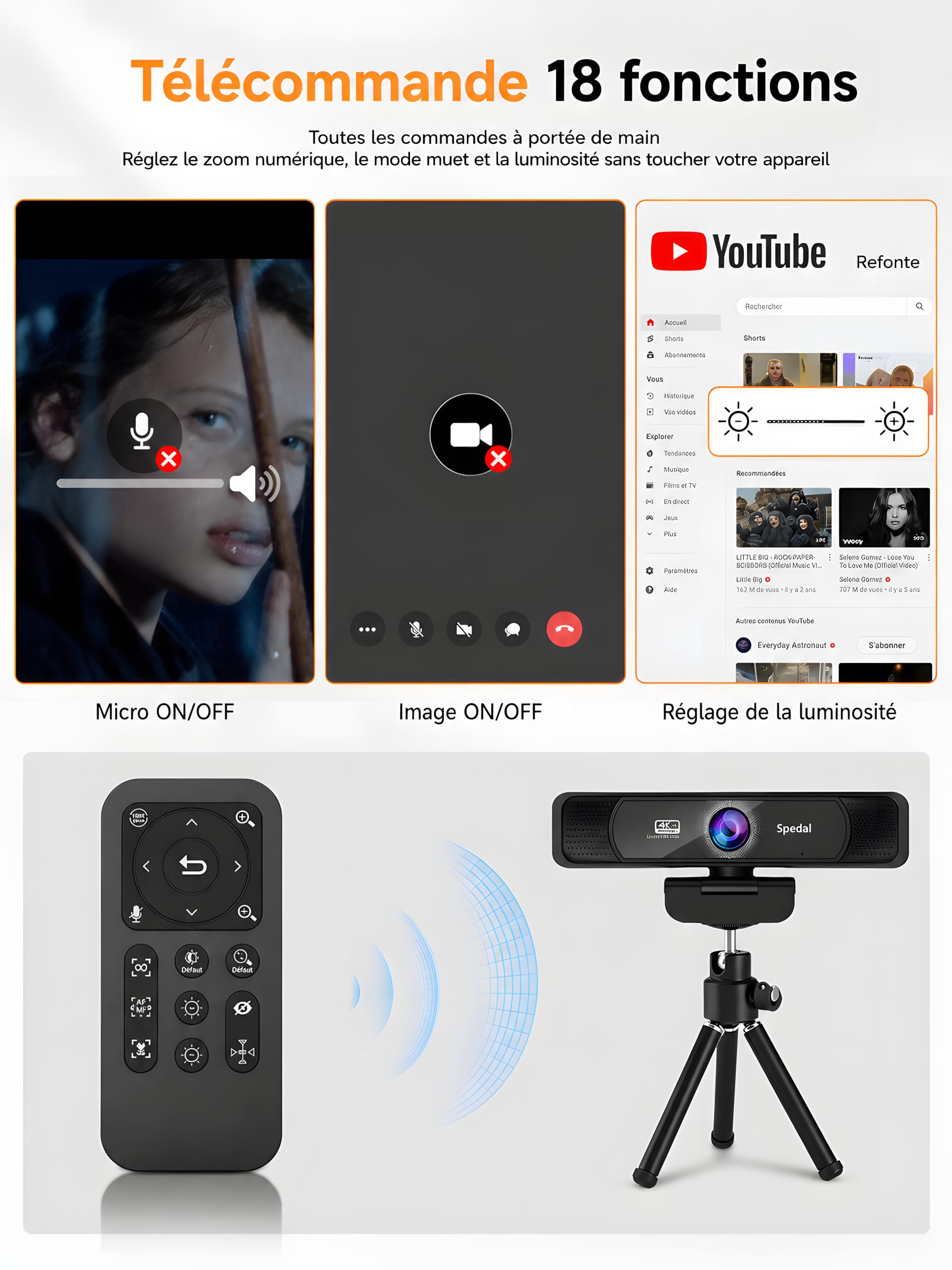 Spedal Webcam 4K Ultra HD 8 MP avec Zoom numérique 4× Grand Angle 120° Microphones à réduction de Bruit télécommande trépied Plug & Play USB-A/C pour Streaming