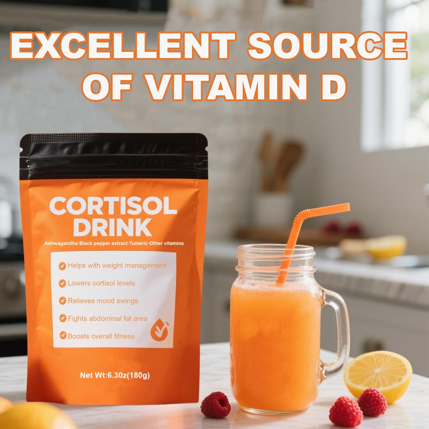 Cortisol Drink Powder - Cortisol Supplements for Women, Ashwagandha, L-Theanine, Turmeric Root, Black Pepper Extract for Relax & Focus, Healthy Cortisol Levels, Mental Clarity (1pc)