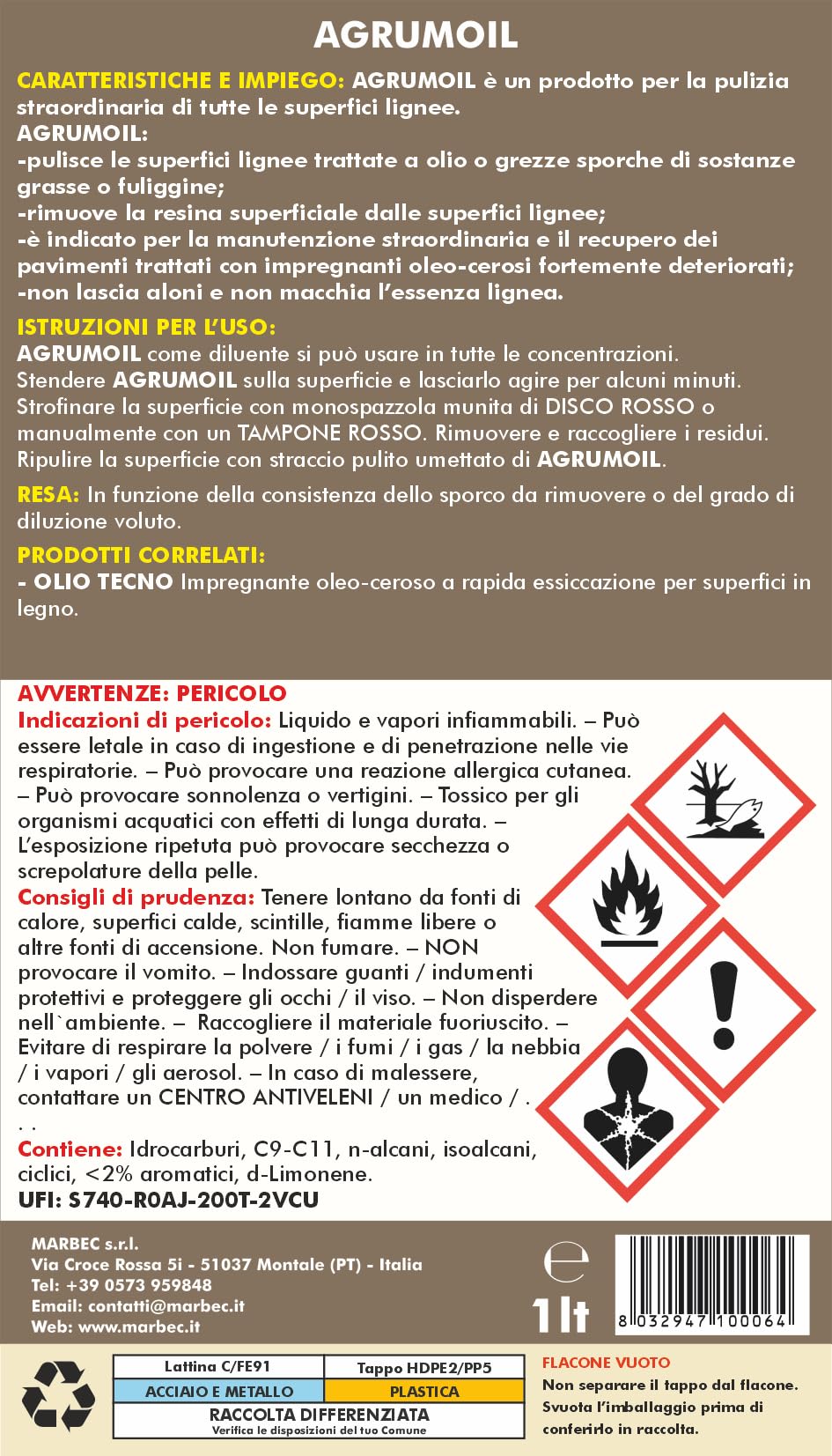 MARBEC AGRUMOIL 1LT Diluente sgrassante per legno in d-limonene