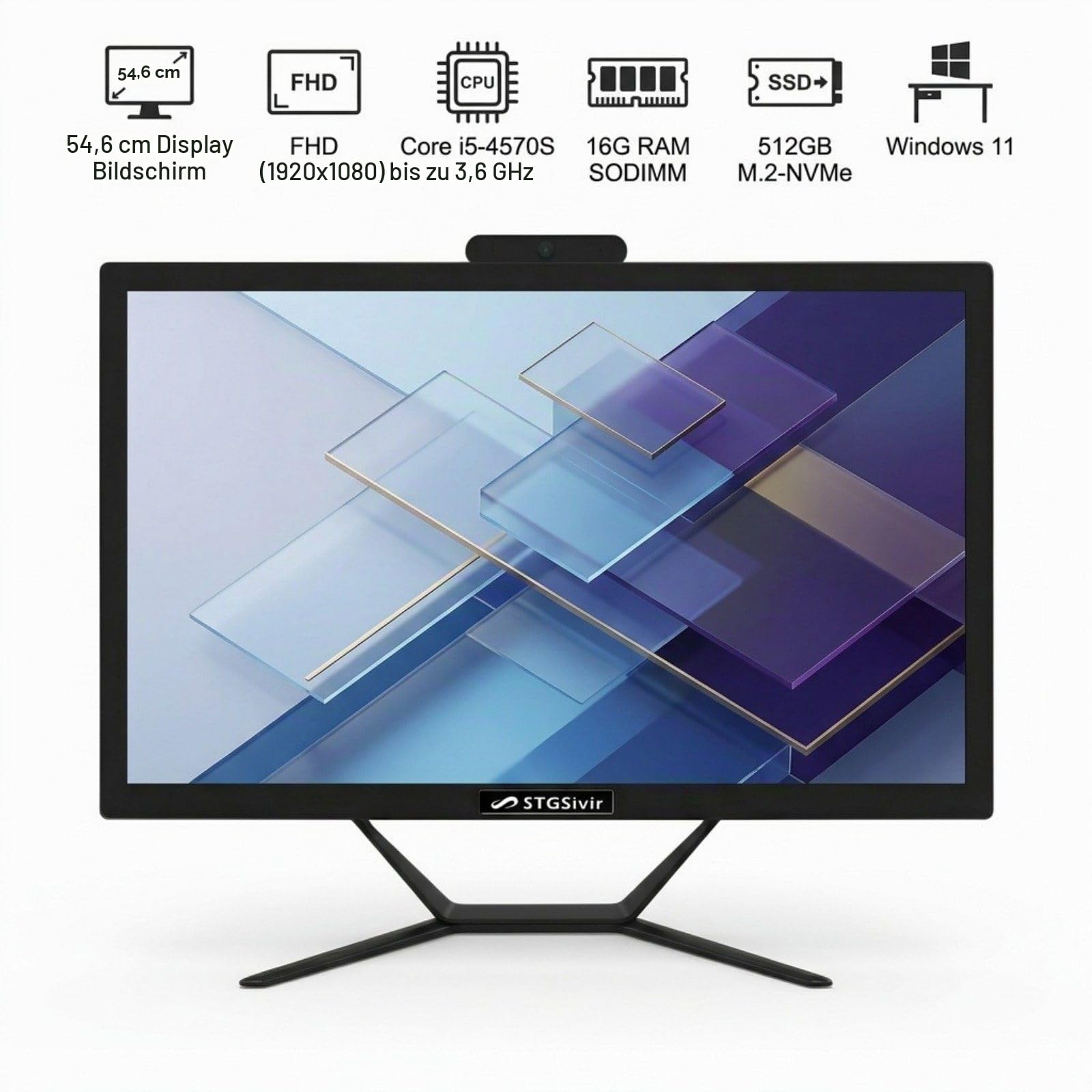STGsivir All in One PC, 21.5" FHD Display, Core i5, 16G RAM, 512G SSD | PC All in One, WLAN, BT 5.0, Webcam, Win11 Pro, Noir, AIO PC für Zuhause & Büro