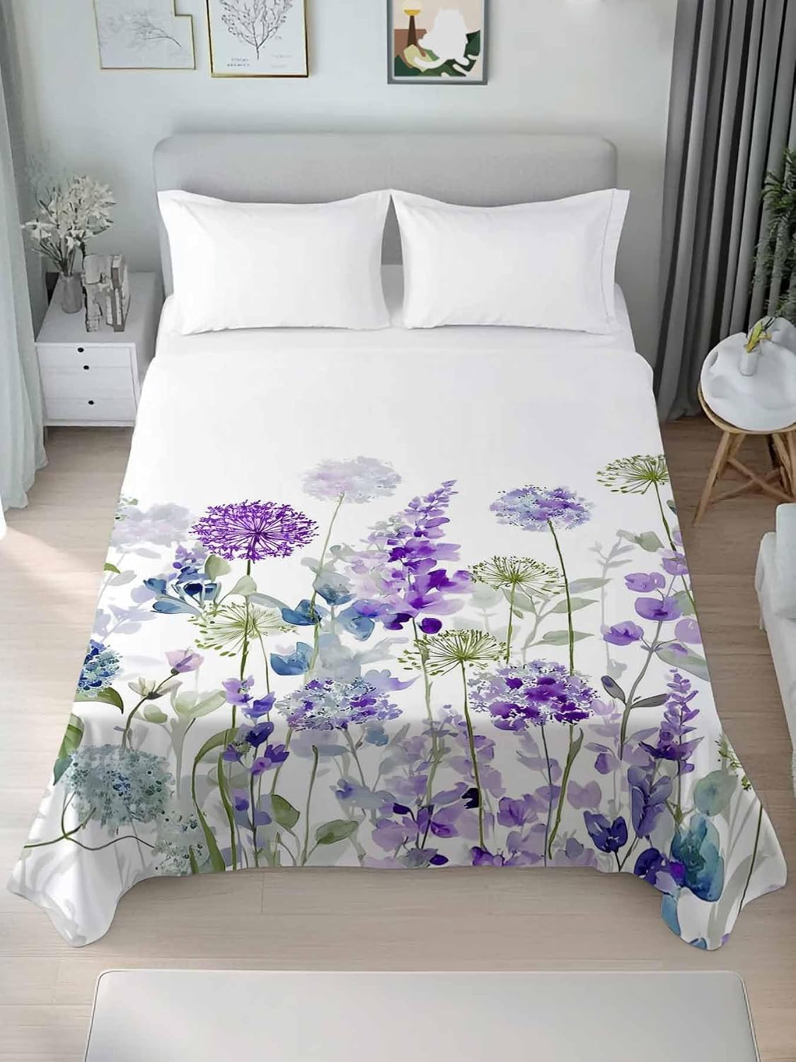 Top Sheet Full Bedding Flat Sheet Only, Spring Purple Flowers Microfiber Bed Sheets Soft Breathable Bedding Flat Sheets, Country Plants Dandelion Hotel Luxury Top Sheets