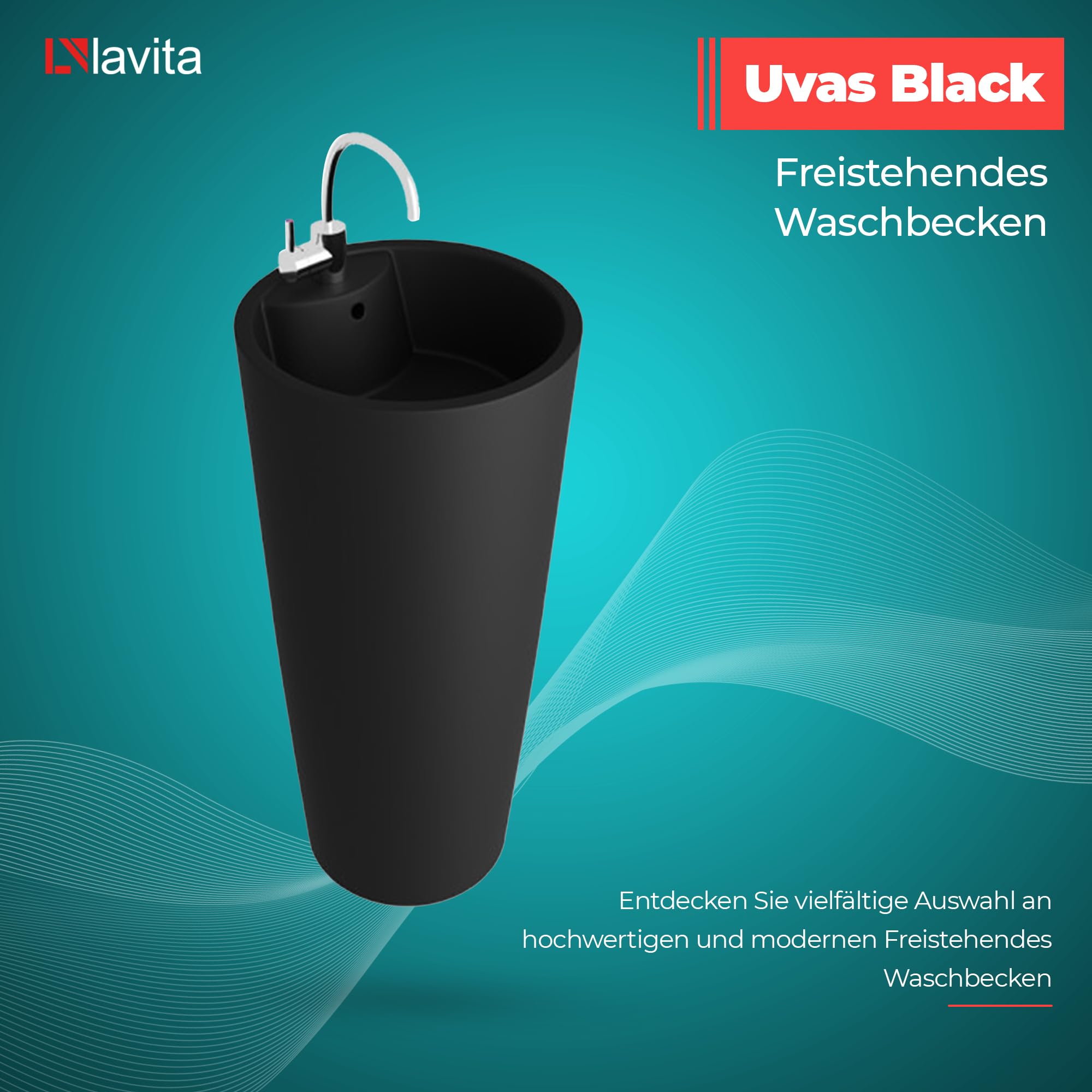 lavita Lavabo de pie Uvas Black | Lavabo redondo con rebosadero y orificio para grifo | de porcelana de alta calidad | lavabo de pie | 83,5 x 40 x 40 cm | negro mate