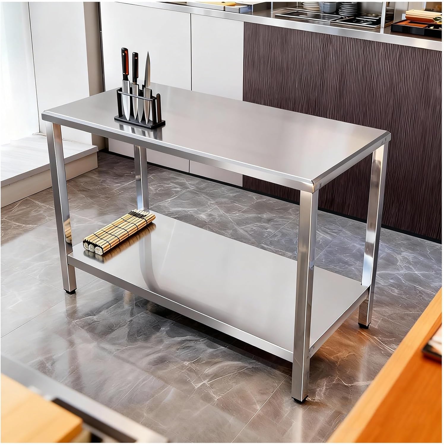 H78cm Double-Layer Stainless Steel Workbench Commercial Kitchen Work Platform Worktable Spacious Storage Easy Installation Non-Slip Pads Metal Prep Table Packing Table(60x35x78cm/23.6x13.8x30.7”)