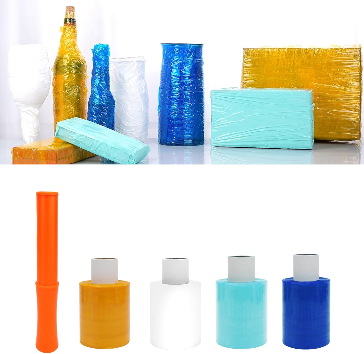 4 Pack Industrial Mini Color Stretch Wrap Film with 1 Plastic Handle, 3.94" x 525 Feet Industrial Strength Self-Adhering Stretch Wrap for Moving, Sorting, Packaging, Shipping and Pallet Wrap