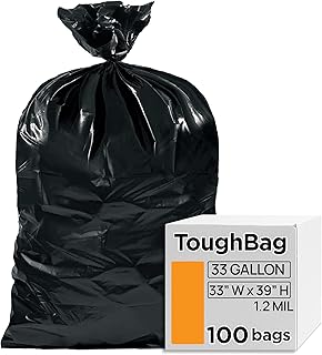ToughBag 33 Gallon Trash Bags, 33 x 39” Black Garbage Bags (100 COUNT) – Outdoor Industrial Garbage Can Liner for Custodia...