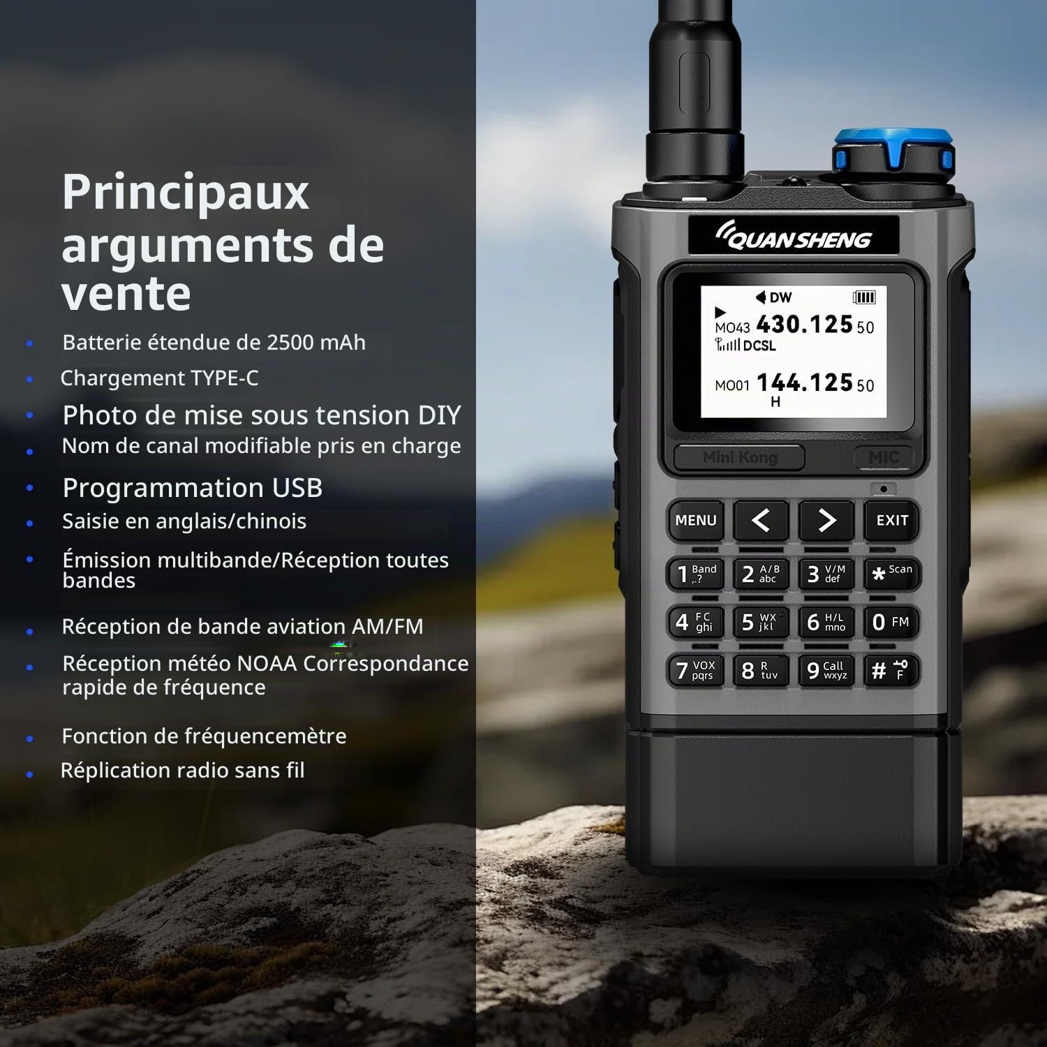QUANSHENG UV-K1 Walkie Talkie Handheld Ham Radio, 2500mAh High Capacity Battery, 50-600MHz Full Band Receive, Air Band, One Key Frequency Match, Wireless Copy, NOAA, USB-C Charging Two Way Radio
