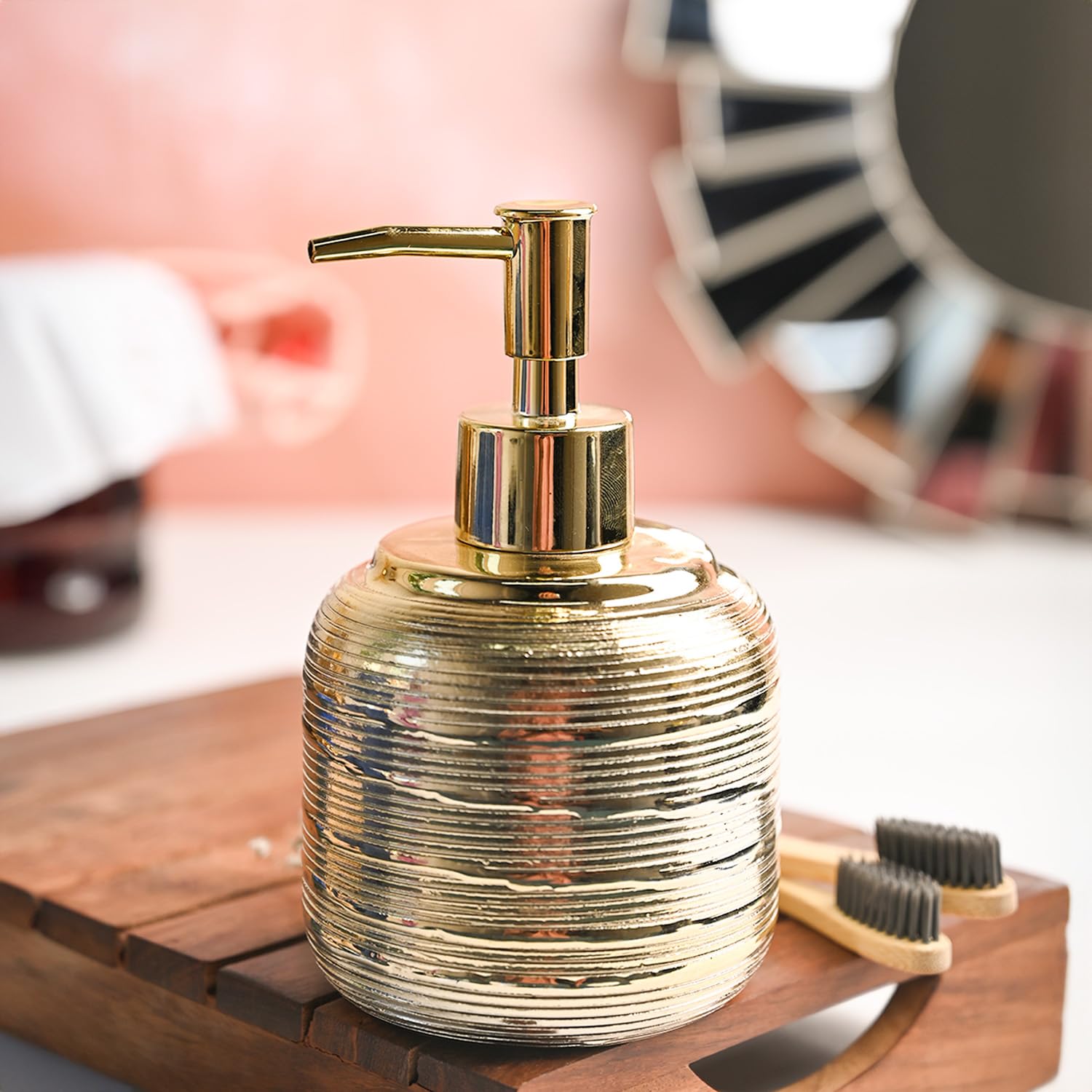 Market99 Golden Ribbed Soap Dispenser for Bathroom | Handwash Bottle for Kitchen | Soap Dispenser for Wash Basin | Bathroom Accessories | 350ml (B0CL6GYLF2) Amazon Price History, Amazon Price Tracker