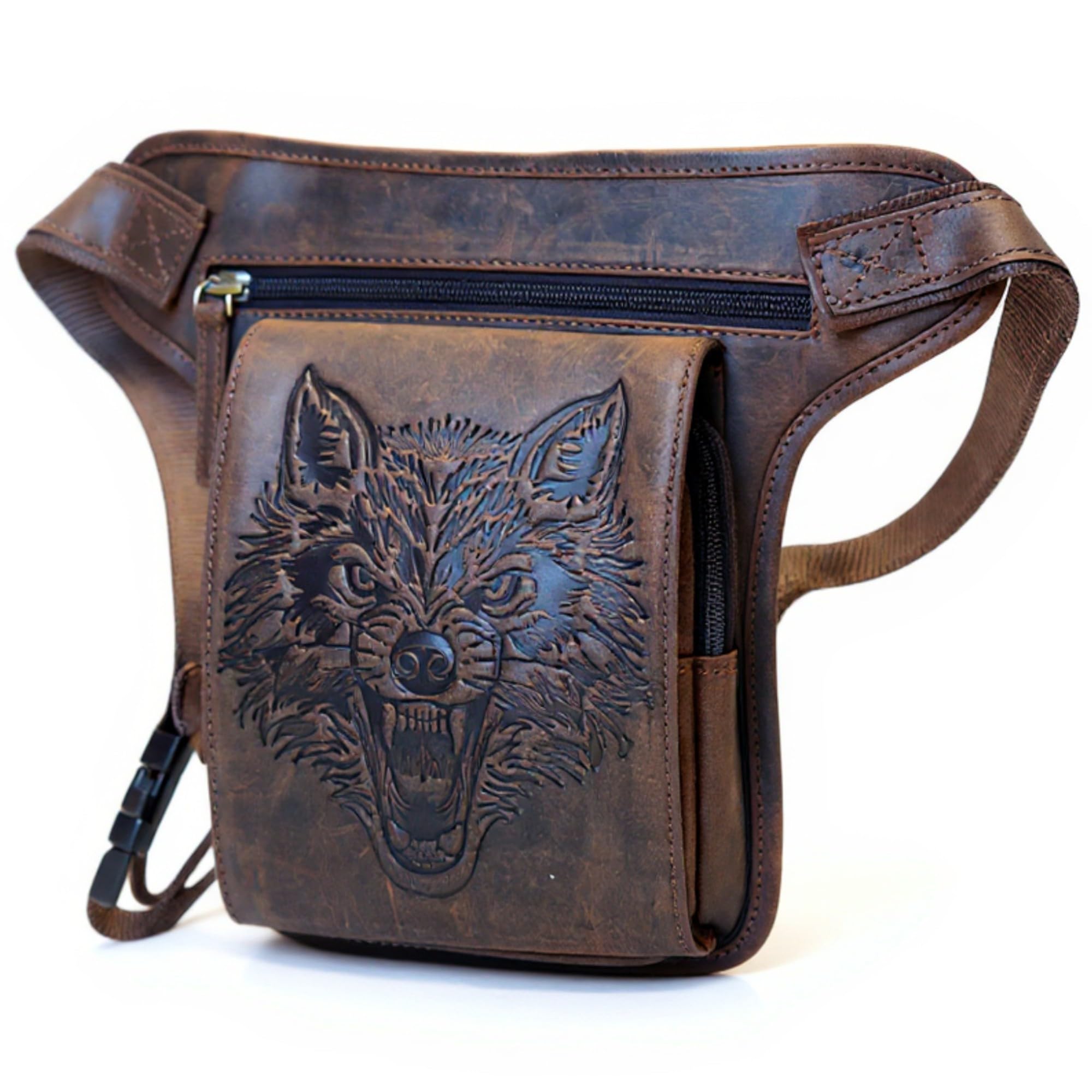 MDM Herren Motorrad Vintage Beintasche mit Oberschenkel Gurt Wolf Motiv (Braun)