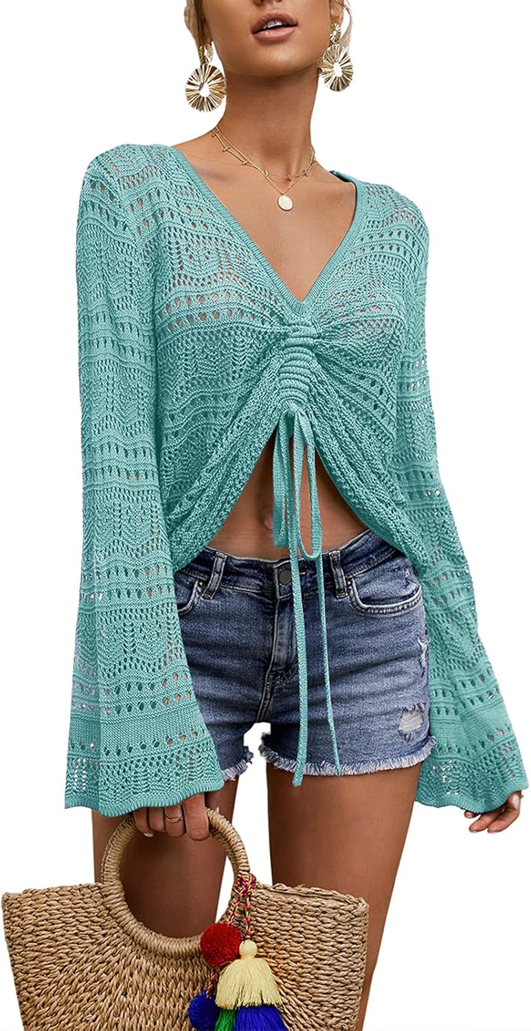 Saodimallsu Womens Boho Off Shoulder Sheer Crop Tops Bell Sleeve Flowy Oversized Crochet Ruched Pullover Sweaters - Image 2