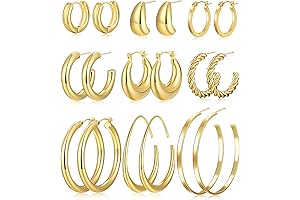 Set of 9 Gold Chunky Hoop Earrings for Women