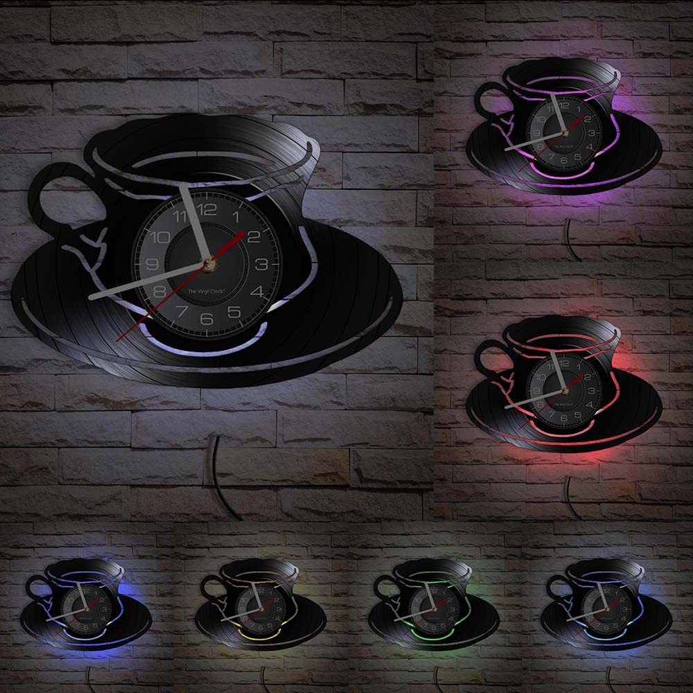 Orologio da parete in vinile, funzione luce notturna a LED a tema tazza di caffè, è un regalo da parete per gli amici amanti del caffè. (sette colori)