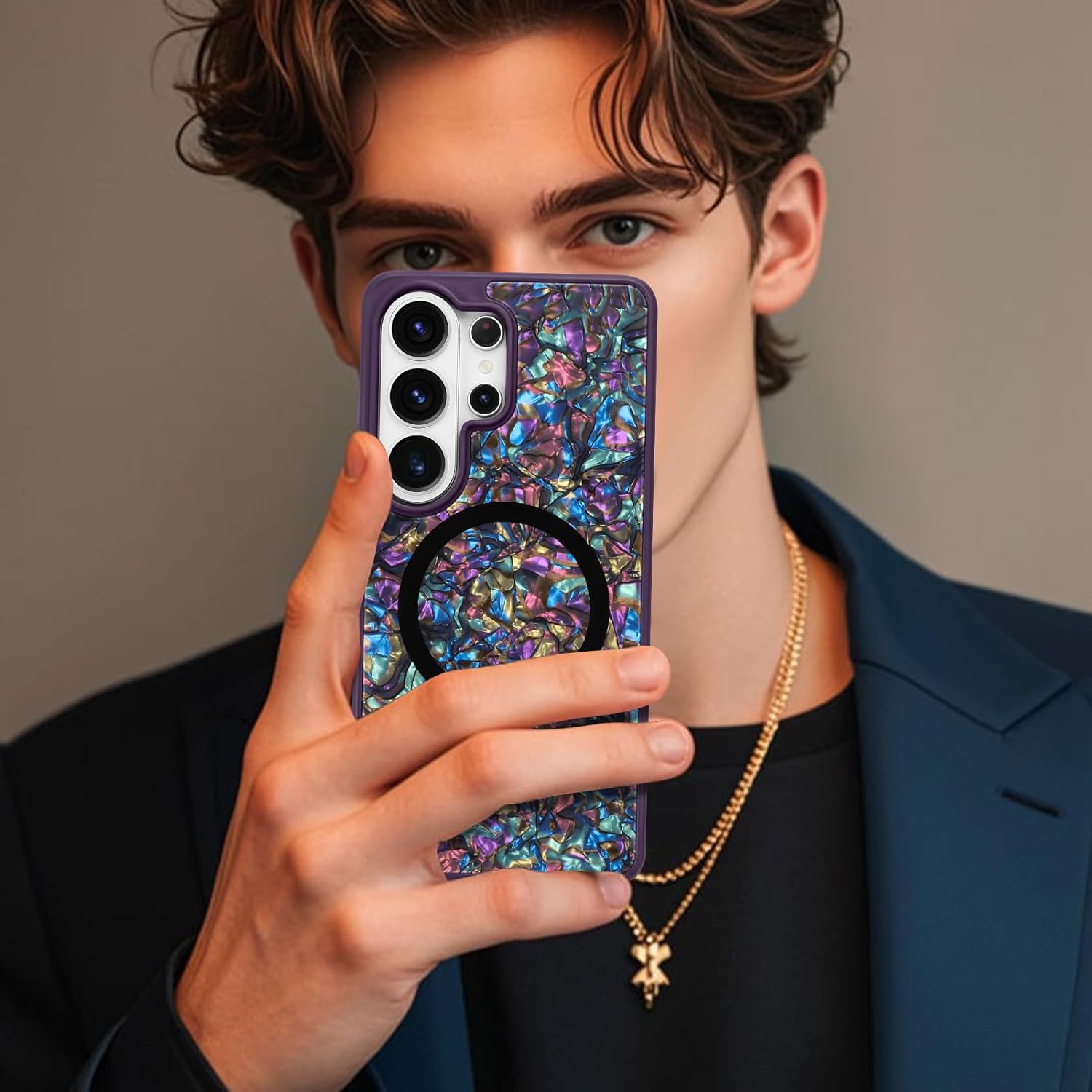 Magnetic for Samsung Galaxy S26 Ultra Case Glossy Abalone Pearl Shell Phone Case for Women Men, Compatible with Magsafe, Shockproof Protective Phone Cover, Elegant Purple